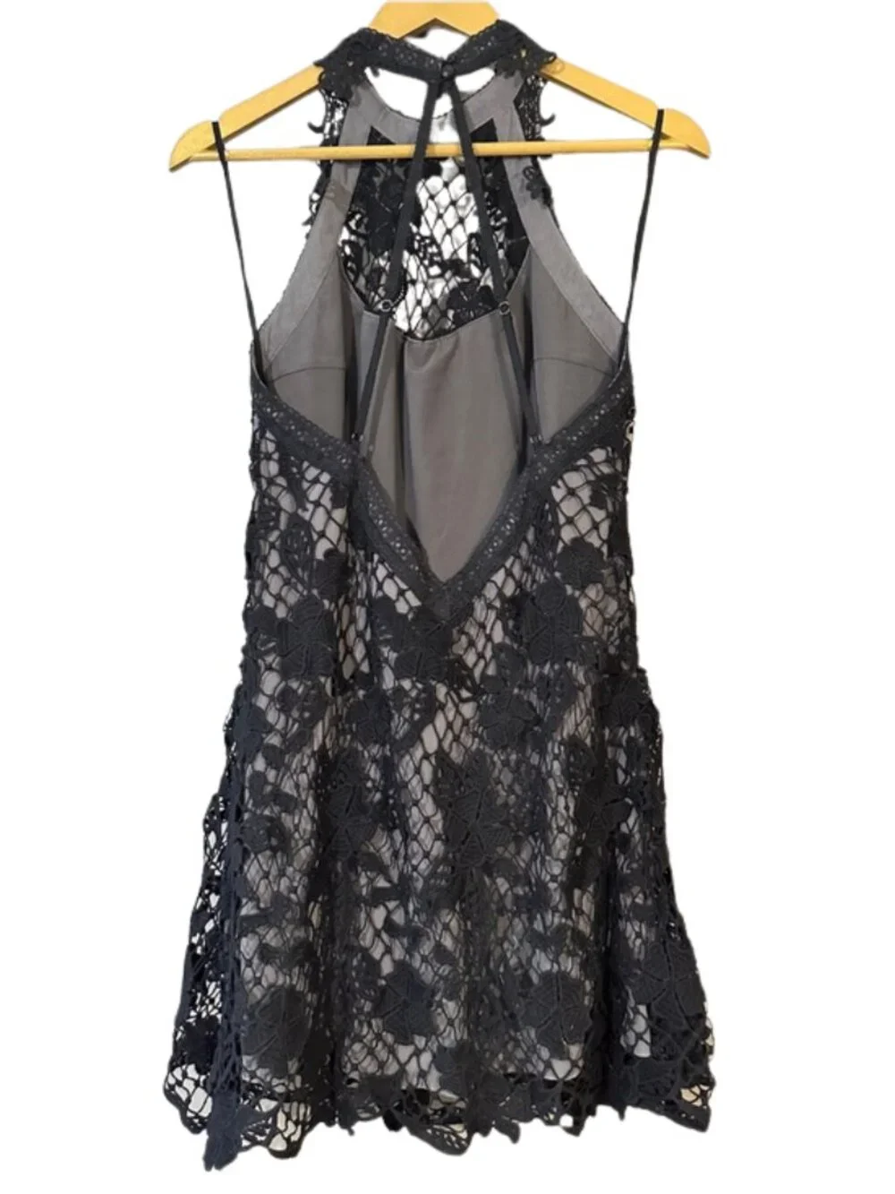 Free People Black Crochet Lace Mini Dress Size Small Sheer Boho Festival Dress